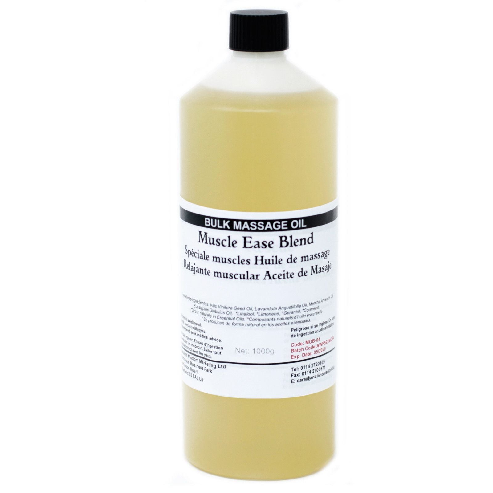 Aceite de masaje Muscle Ease Blend en botella de 1000ml, color amarillo, mezcla especial para aliviar músculos.