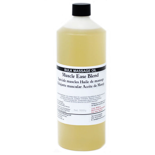 Aceite de masaje Muscle Ease Blend en botella de 1000ml, color amarillo, mezcla especial para aliviar músculos.