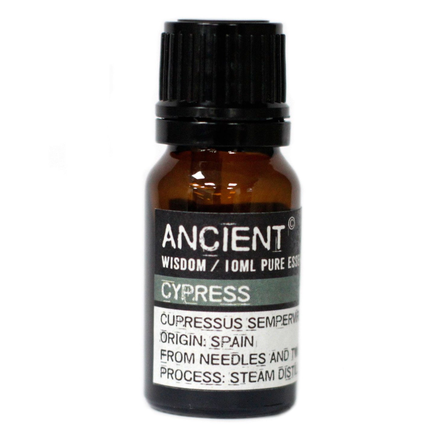 Aceite esencial de ciprés, 10ml, ámbar, extracción al vapor, origen: España, frescura y naturalidad.