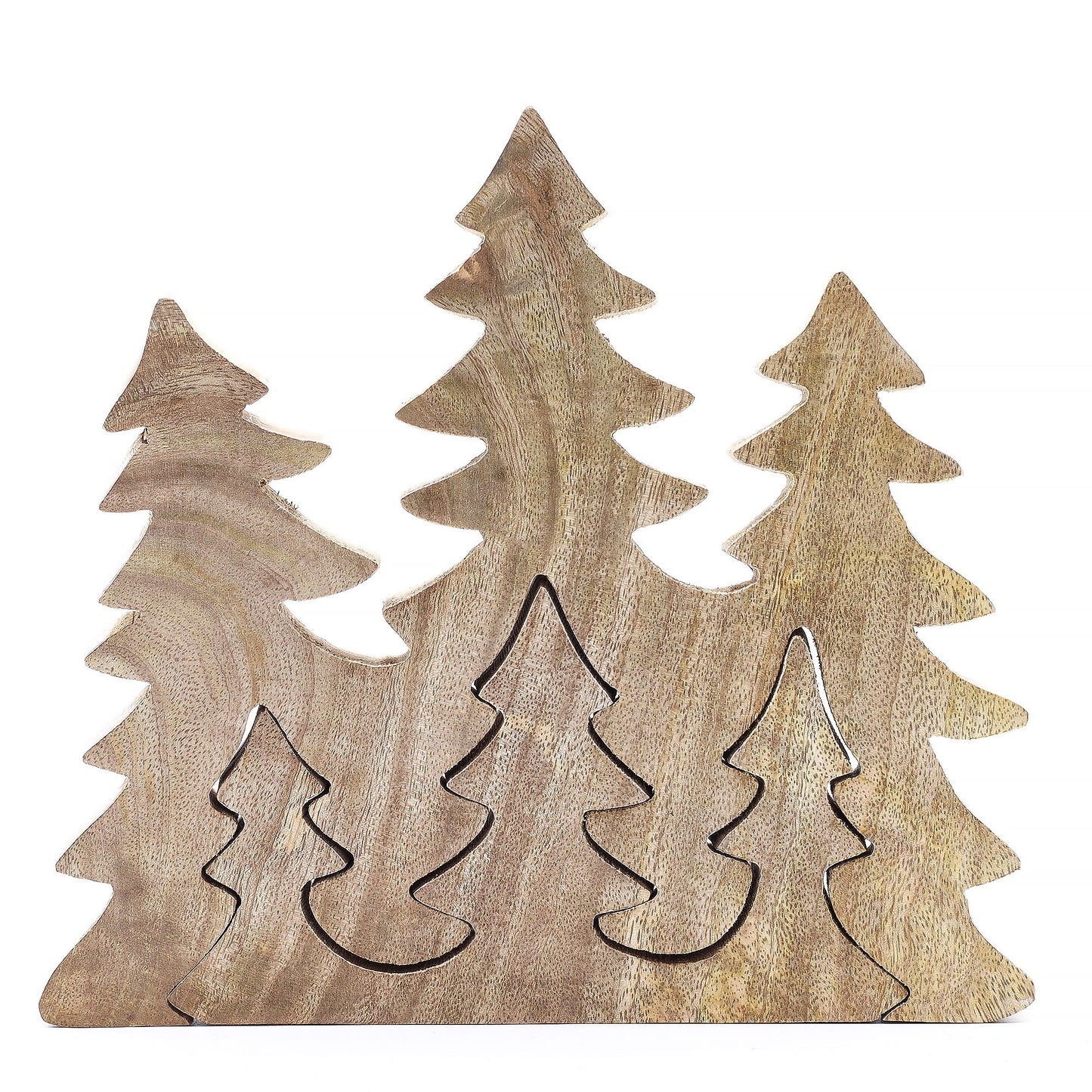 Adorno de madera en forma de árboles de pino, en tonos marrones, ideal para decoración navideña.