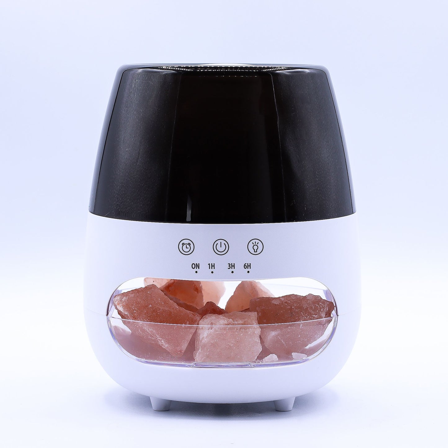 Difusor USB blanco y negro con piedras de sal rosadas en una base transparente y botones táctiles con temporizador.