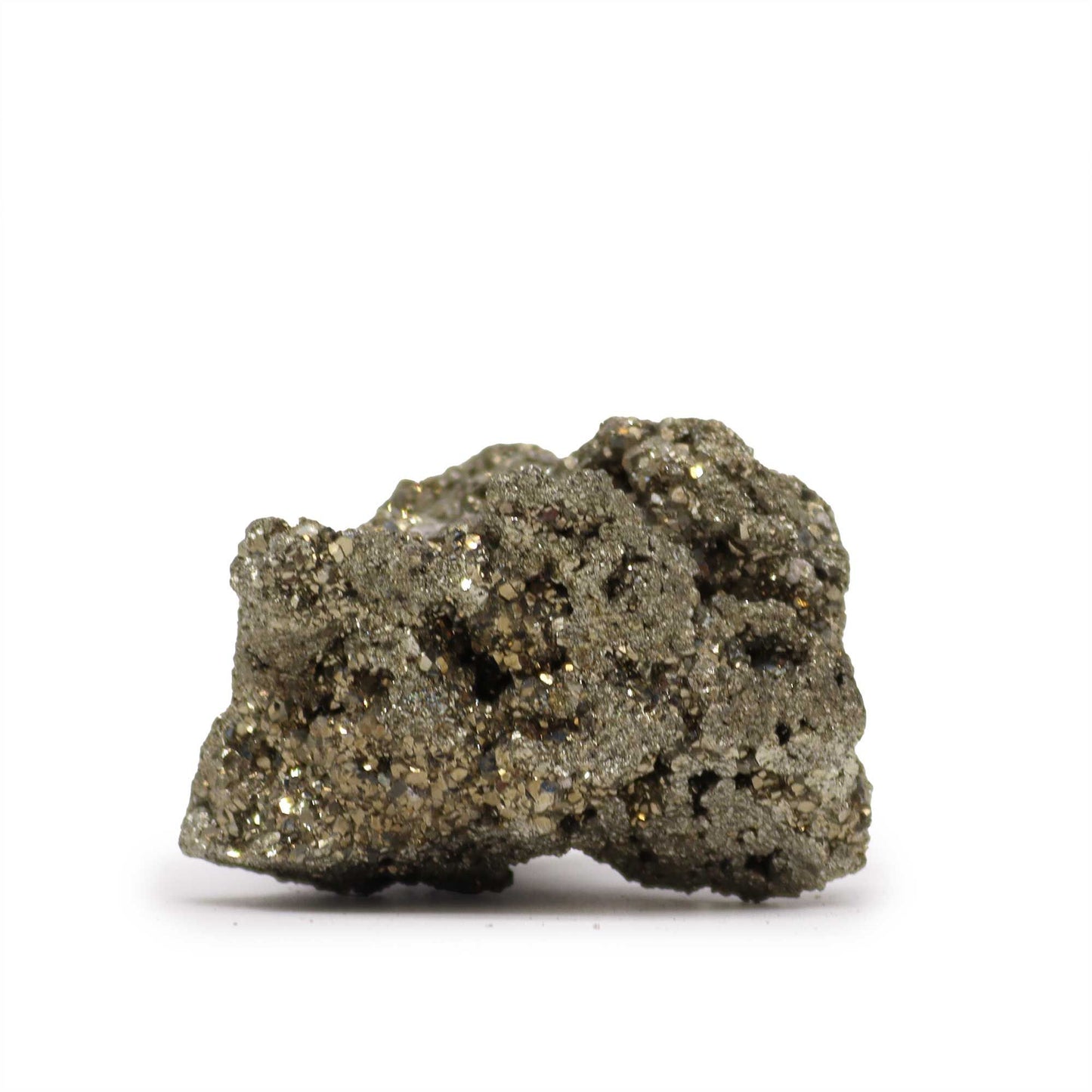 Piedra de pirita brillante, color dorado y gris, textura rugosa, ideal para decoración y coleccionismo.