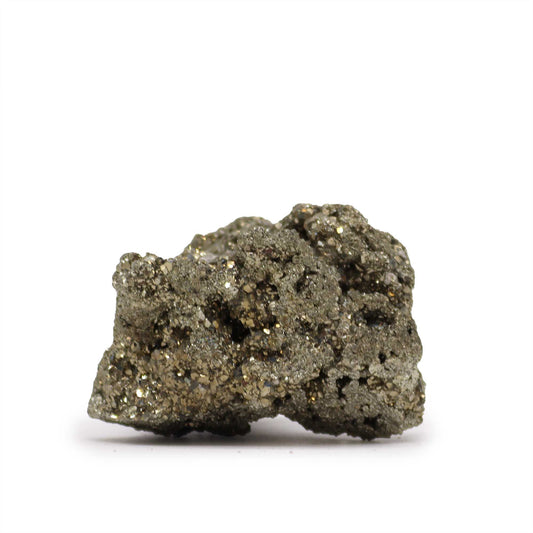 Piedra de pirita brillante, color dorado y gris, textura rugosa, ideal para decoración y coleccionismo.