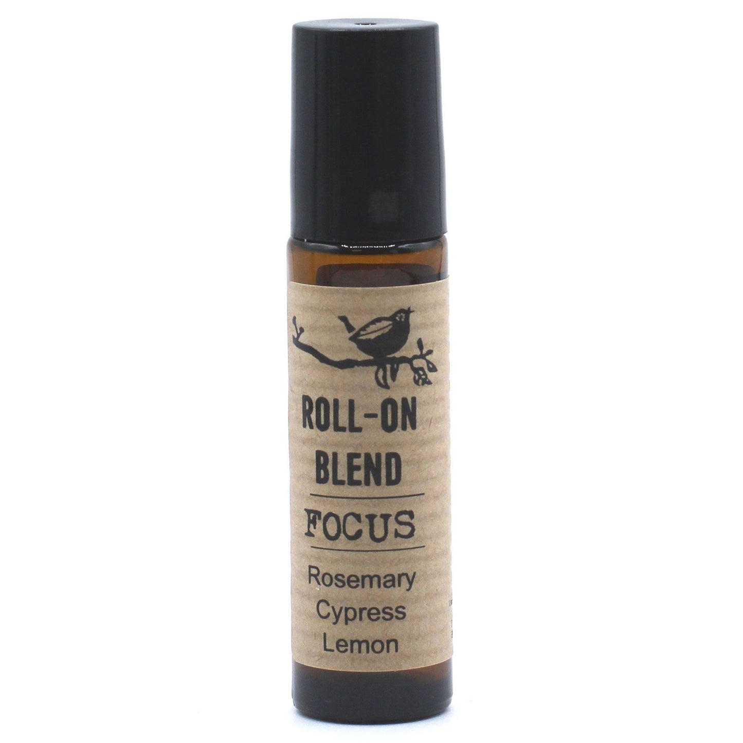 Mezcla en roll-on para enfoque, aromatizada con romero, ciprés y limón. Botella marrón con tapa negra.