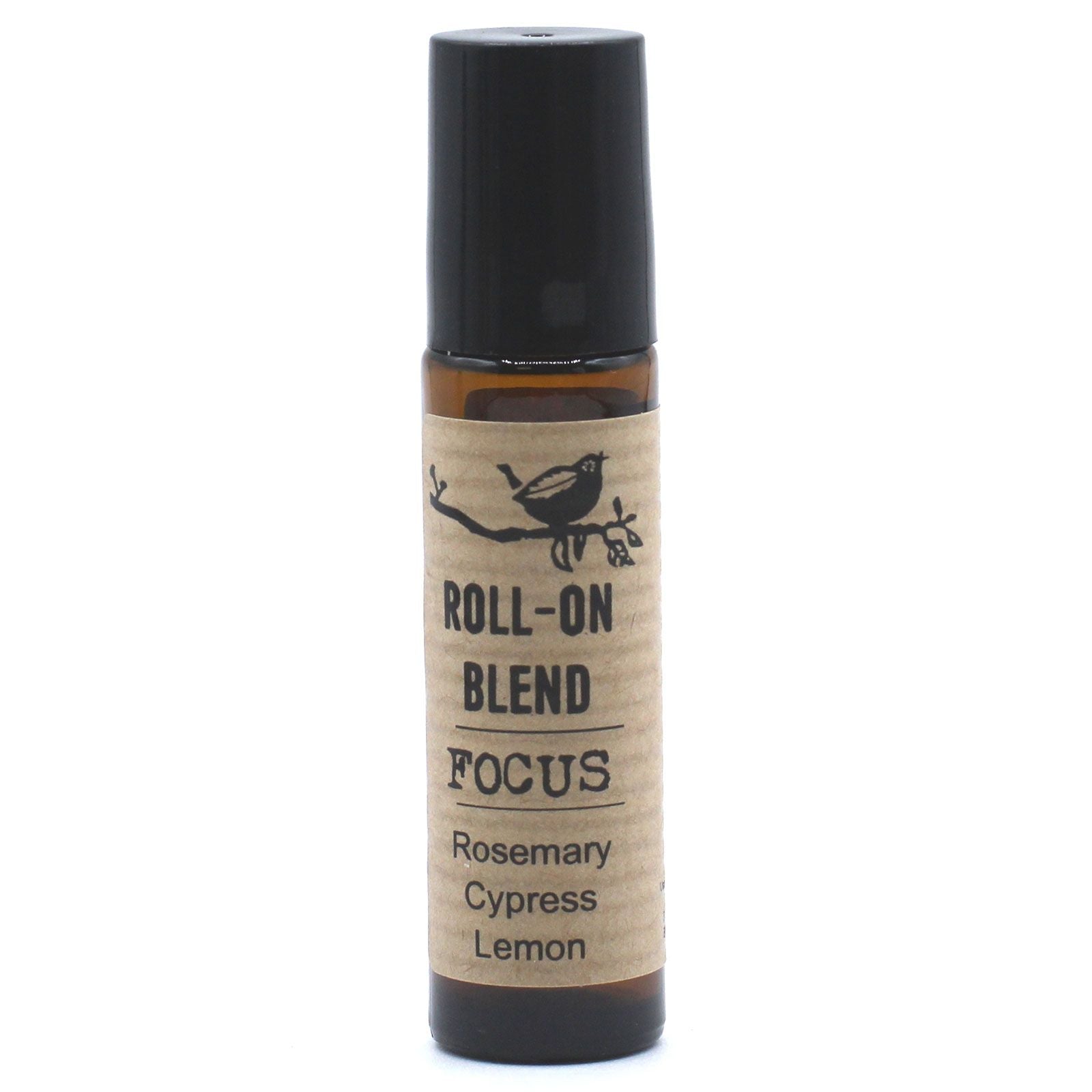Mezcla en roll-on para enfoque, aromatizada con romero, ciprés y limón. Botella marrón con tapa negra.