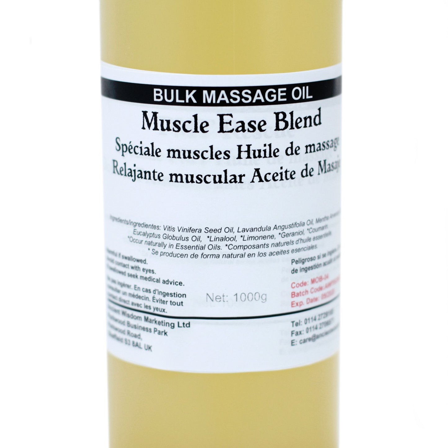 Aceite de masaje relajante muscular, mezcla Muscle Ease, envase de 1000g, color amarillo, ingredientes naturales.