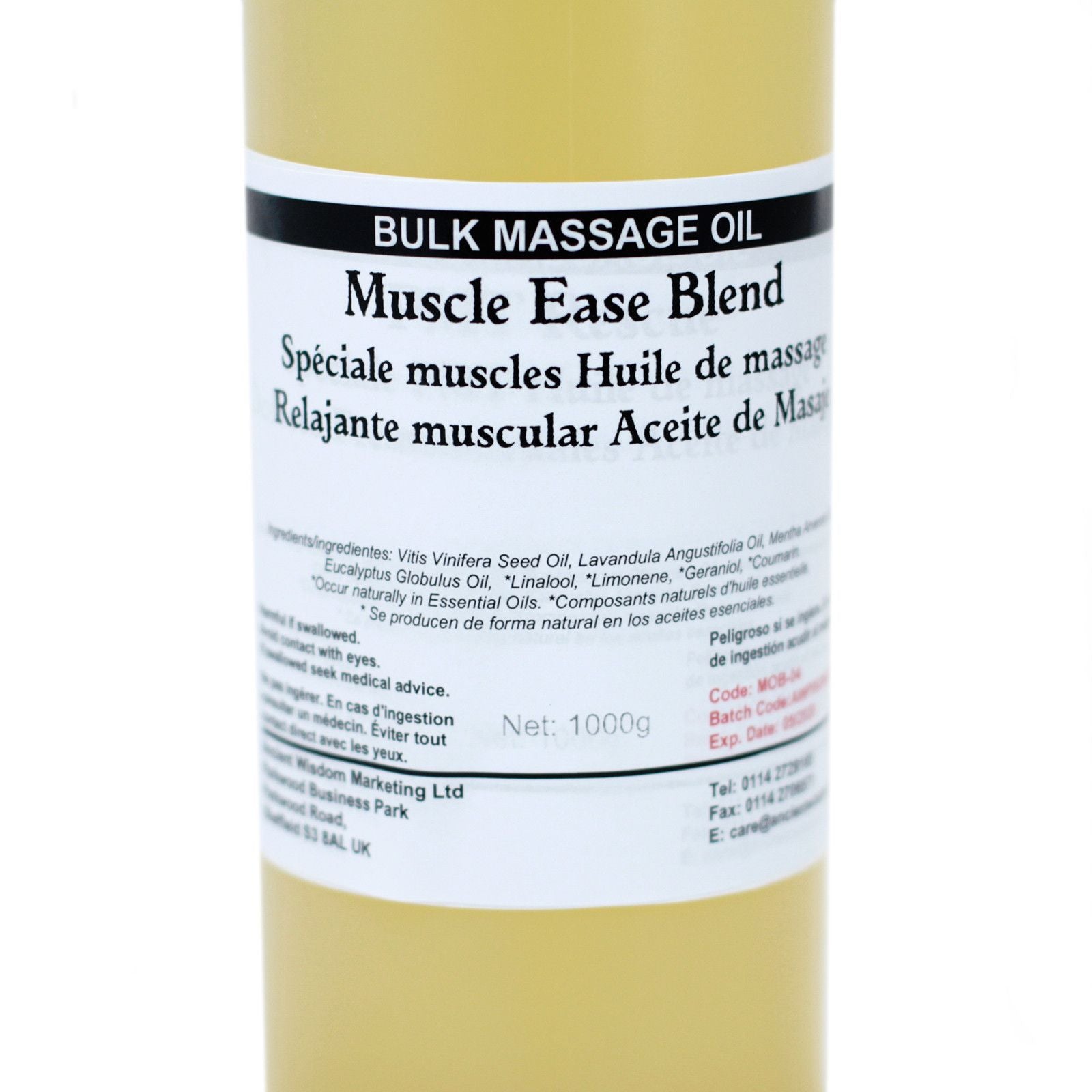 Aceite de masaje relajante muscular, mezcla Muscle Ease, envase de 1000g, color amarillo, ingredientes naturales.