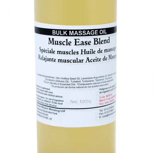 Aceite de masaje relajante muscular, mezcla Muscle Ease, envase de 1000g, color amarillo, ingredientes naturales.