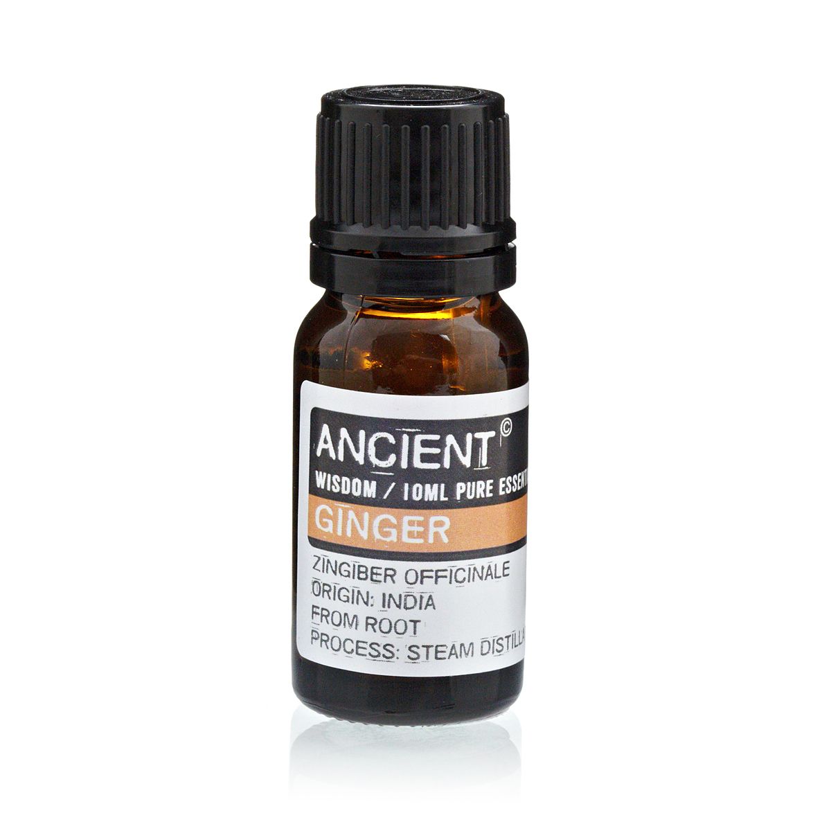 Aceite esencial de jengibre 10ml en frasco ámbar, destilado al vapor, de India, aroma intenso y terroso.
