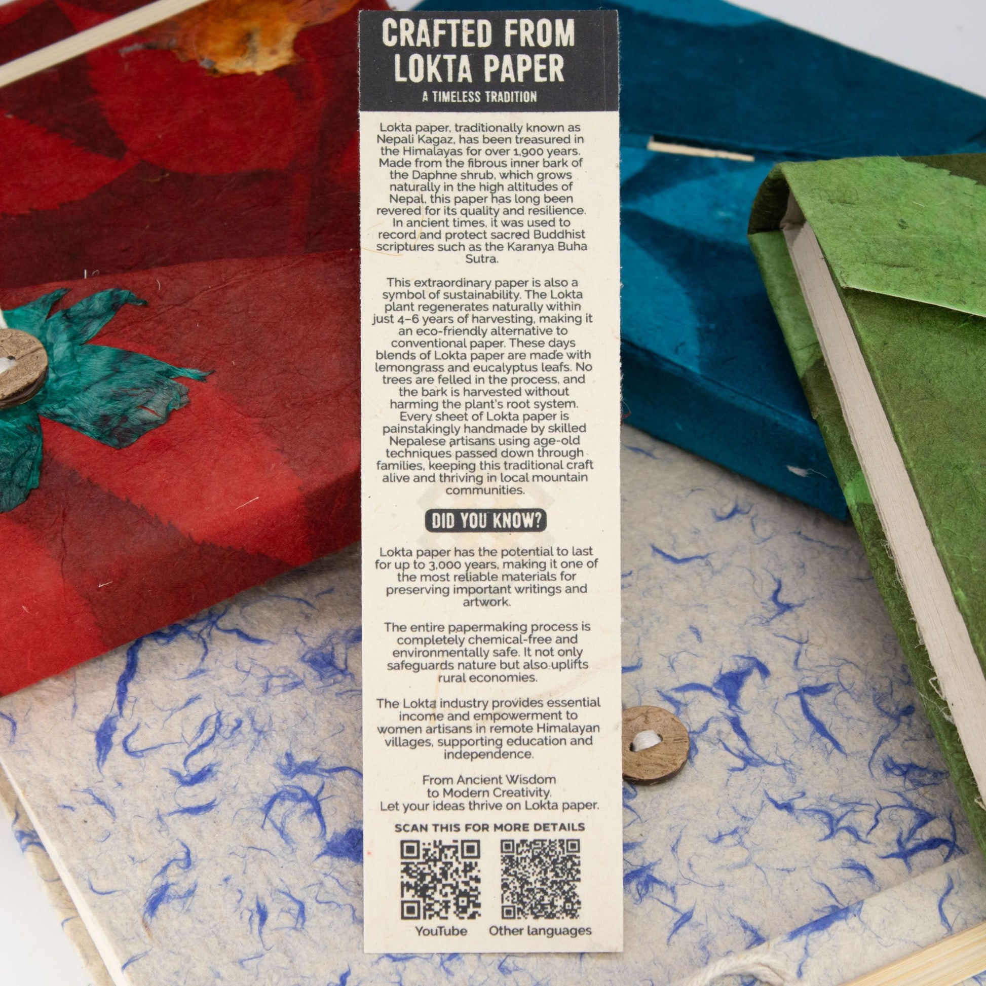 Papelería de Lokta, colores vibrantes, textura artesanal, ideal para manualidades, libros y arte.
