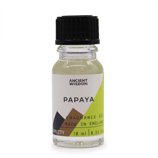 Frasco pequeño de vidrio transparente con 10ml de aceite de fragancia de papaya, tapón negro y etiqueta blanca y verde.