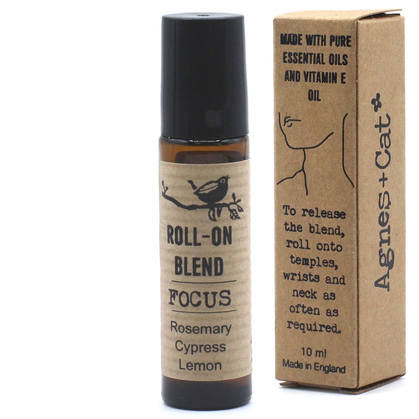 Roll-on mezcla de aceites esenciales en frasco negro, 10 ml, aromas de romero, ciprés y limón, estilo natural.