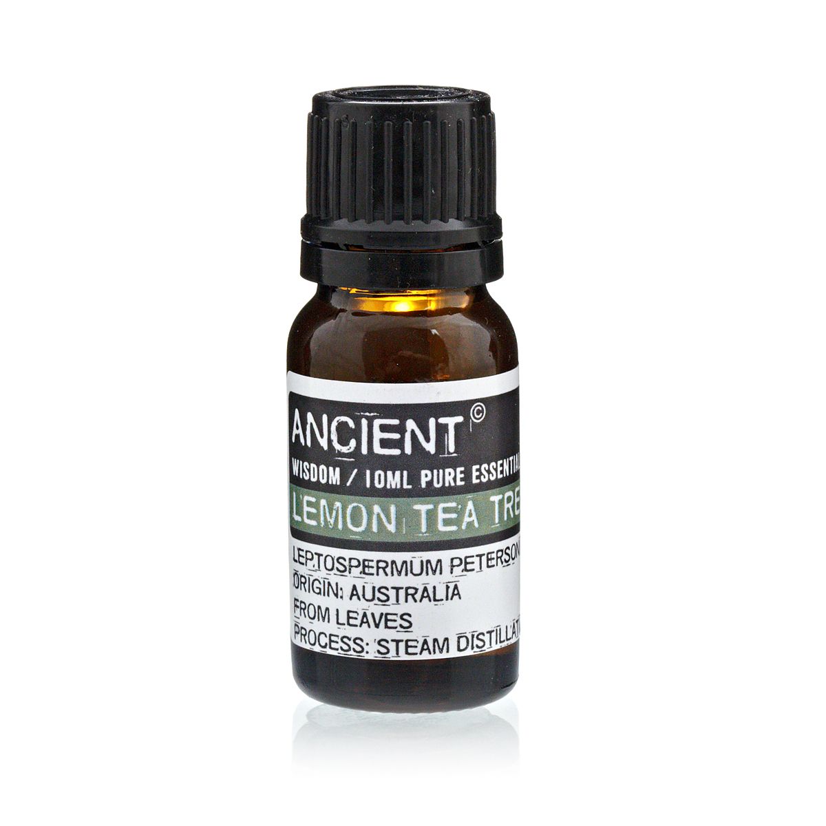 Aceite esencial de té limón, botella marrón de 15 ml, aroma fresco, originario de Australia, destilado al vapor.