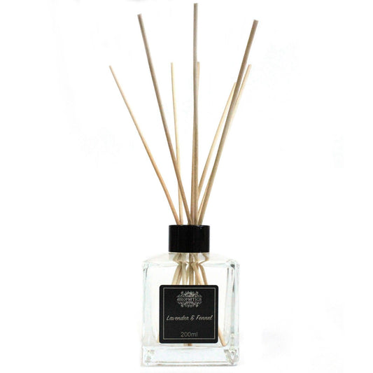 Difusor de aromaterapia de lavanda y fresno, botella de vidrio transparente, 200ml, elegante diseño moderno.