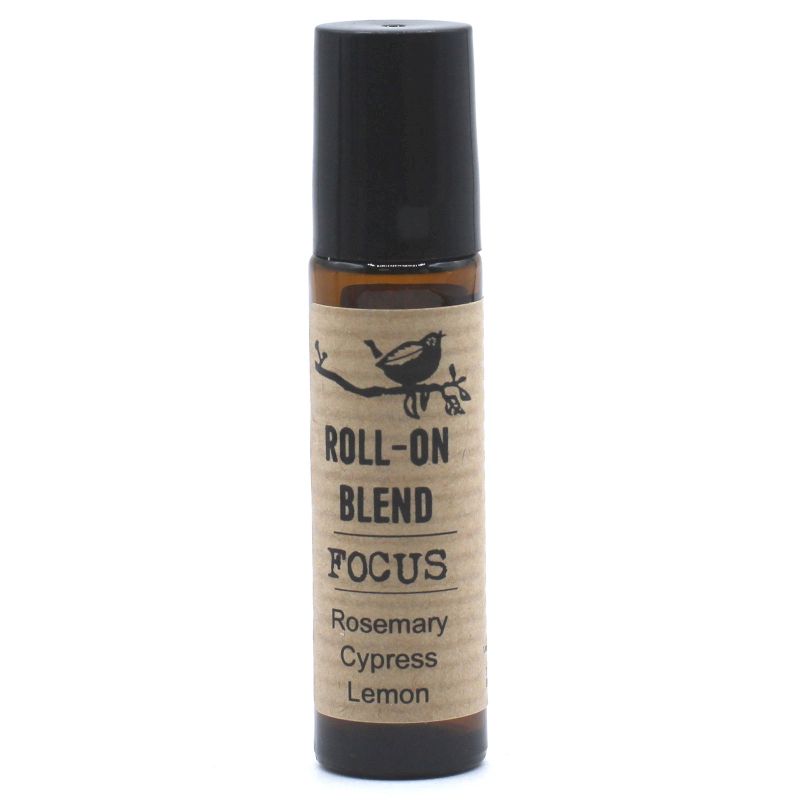 Mezcla roll-on Focus con romero, ciprés y limón en envase ámbar de 10 ml. Aromaterapia natural y relajante.
