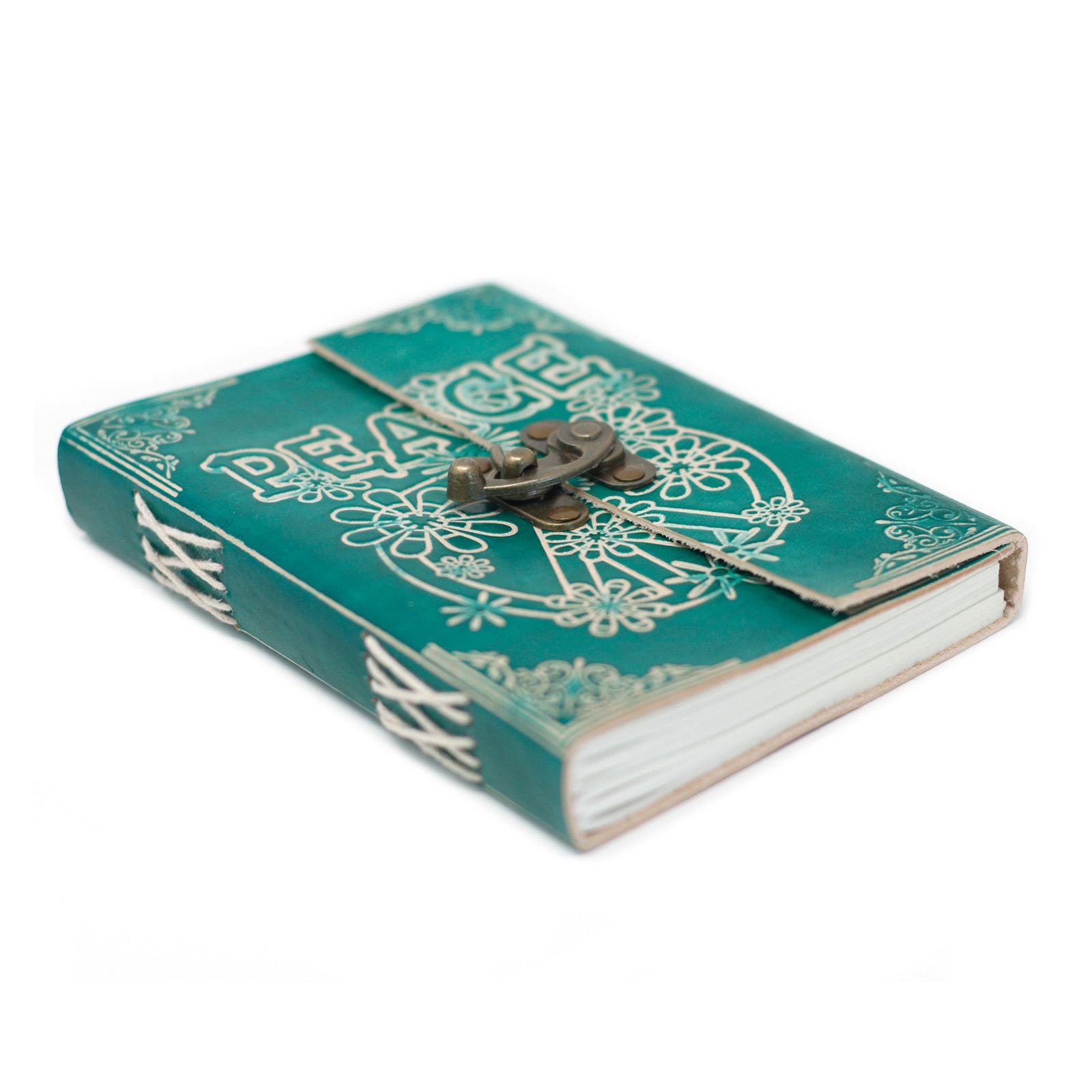 Cuaderno de tapa dura verde aqua con diseño de paz y cierre metálico, ideal para notas y diario personal.