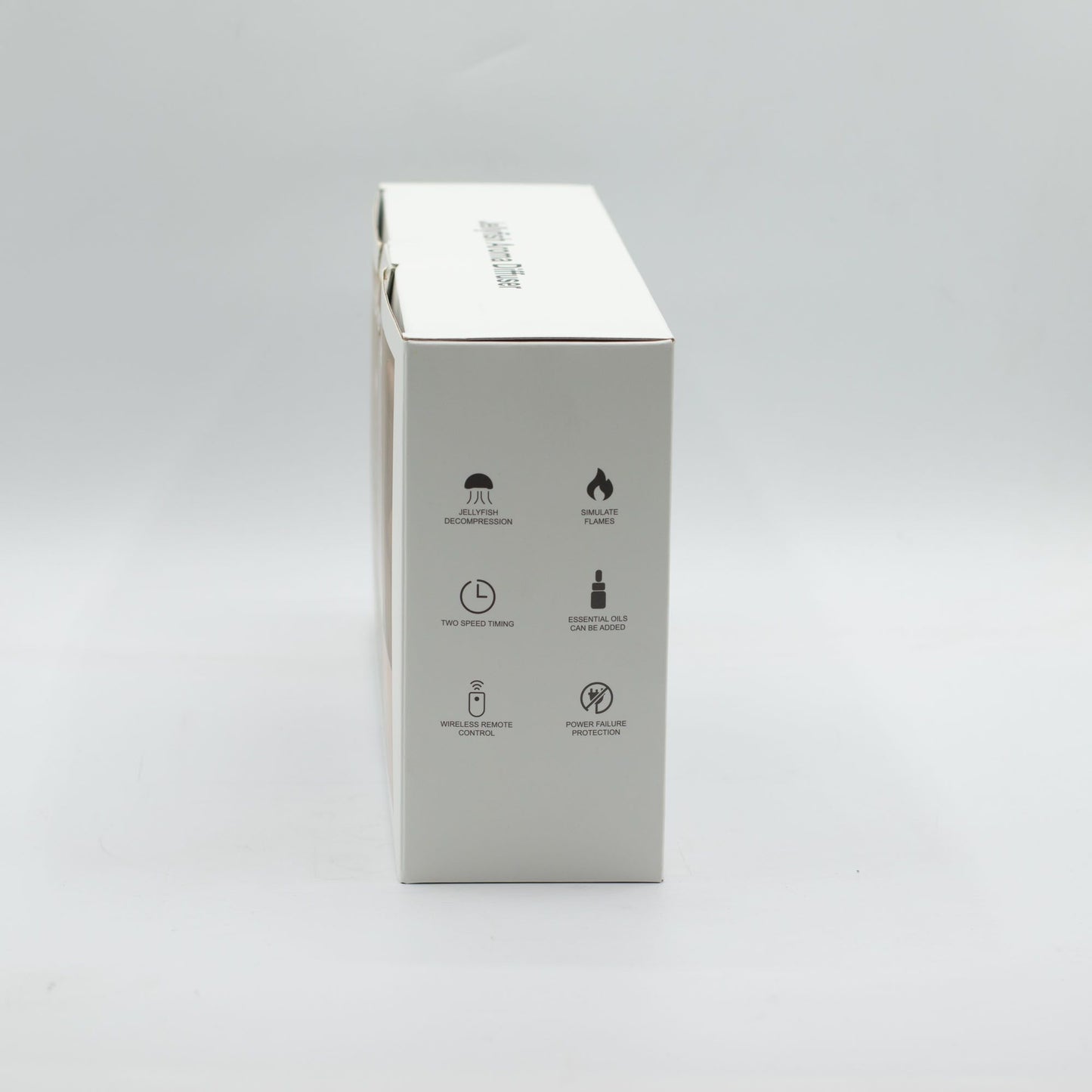 Caja blanca lateral de difusor Ancient Wisdom. Muestra iconos de funciones: temporizador, aceites, llama y protección.