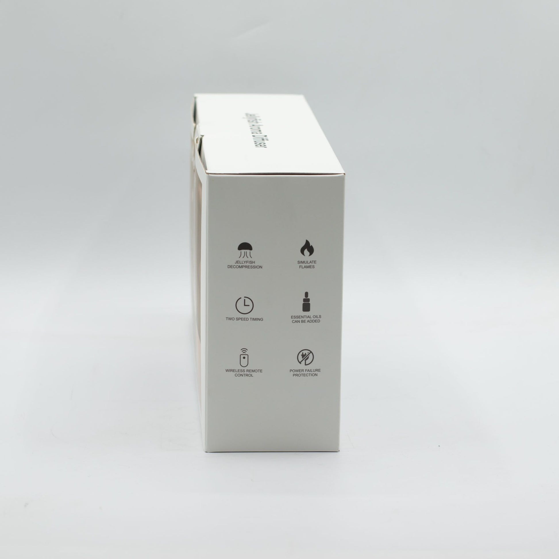 Caja blanca lateral de difusor Ancient Wisdom. Muestra iconos de funciones: temporizador, aceites, llama y protección.