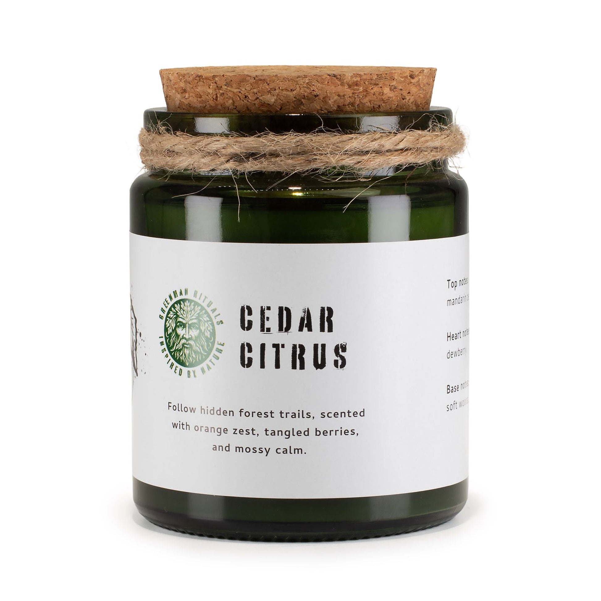 Vela aromática verde "Cedar Citrus", con tapa de corcho, aroma a cítricos, bayas y musgo. Ideal para ambientar.