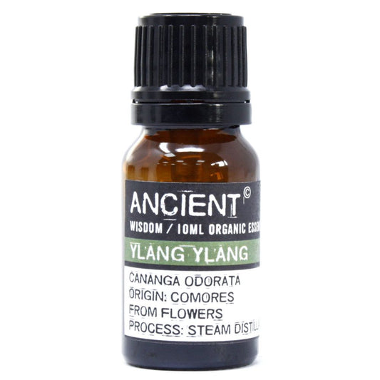 Aceite esencial de ylang ylang, 10ml, botella marrón, origen Comores, destilación al vapor, aroma floral intenso.