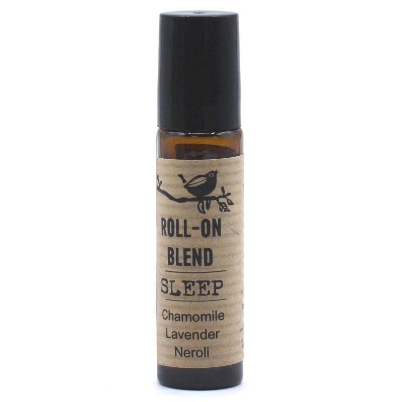 Roll-on de aceite esencial ámbar de 10ml, etiqueta de papel kraft con un pájaro e información del producto "Sleep".