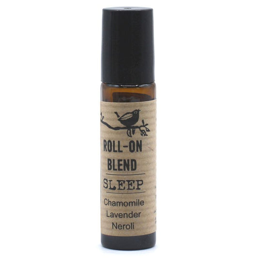 Roll-on de aceite esencial ámbar de 10ml, etiqueta de papel kraft con un pájaro e información del producto "Sleep".