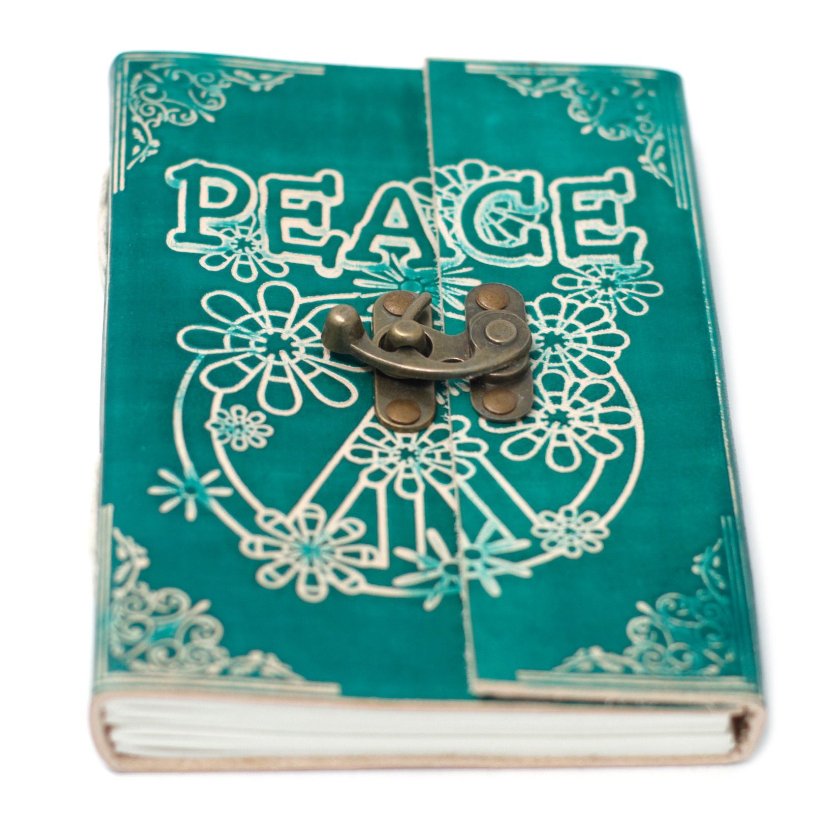 Cuaderno verde turquesa con cerradura de bronce, adornado con flores y la palabra "PEACE". Ideal para notas y journaling.