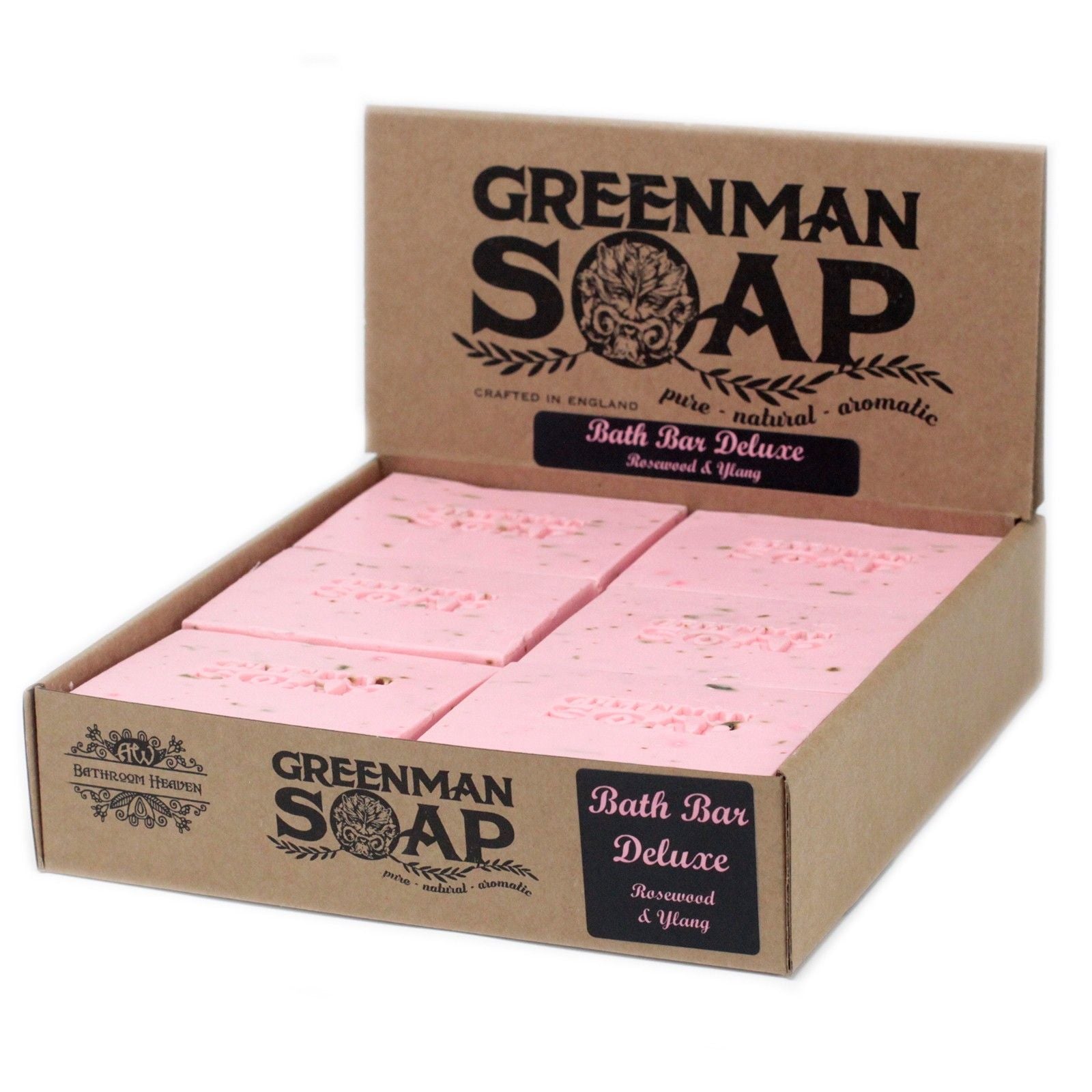Caja de cartón artesanal con 6 pastillas de jabón rosa "Greenman Soap" de lujo con aroma a palo de rosa e ylang.