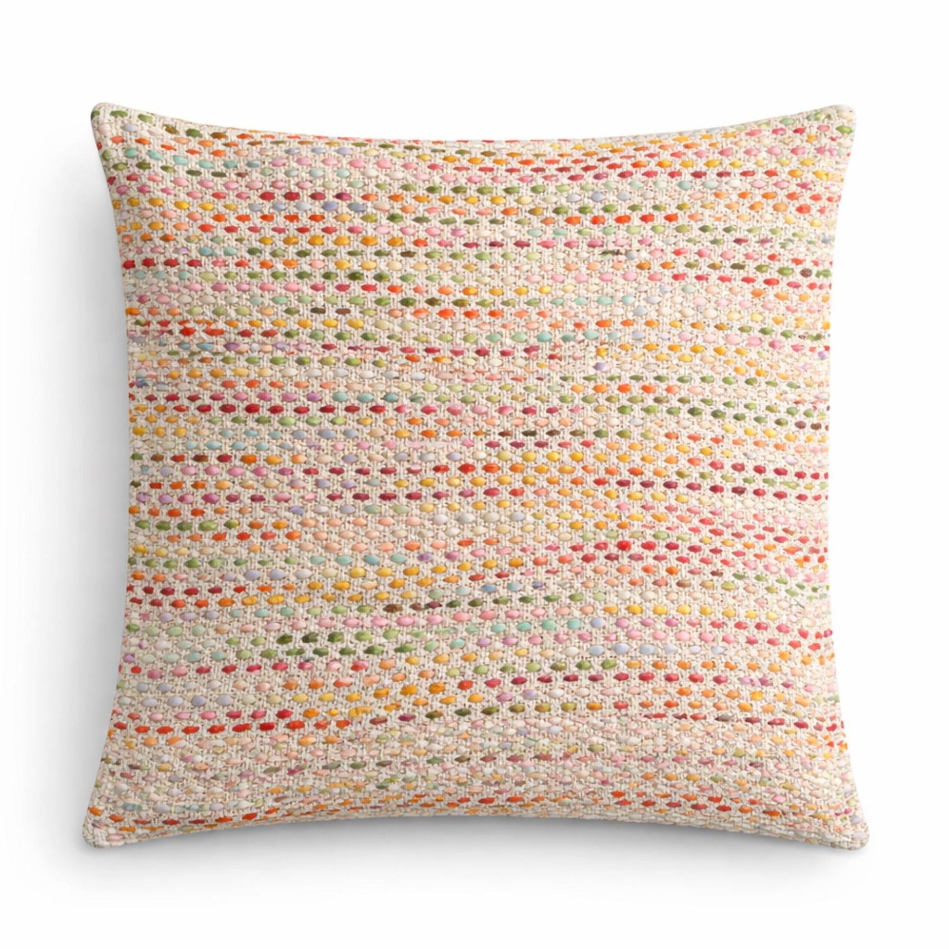 Cojín cuadrado de algodón en tonos pastel con un diseño texturizado de líneas multicolor.