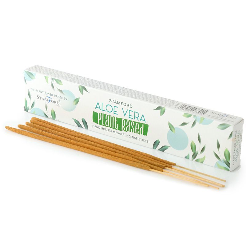 Incienso de aloe vera, palitos de masala, color marrón, paquete elegante con fondo blanco y verde.