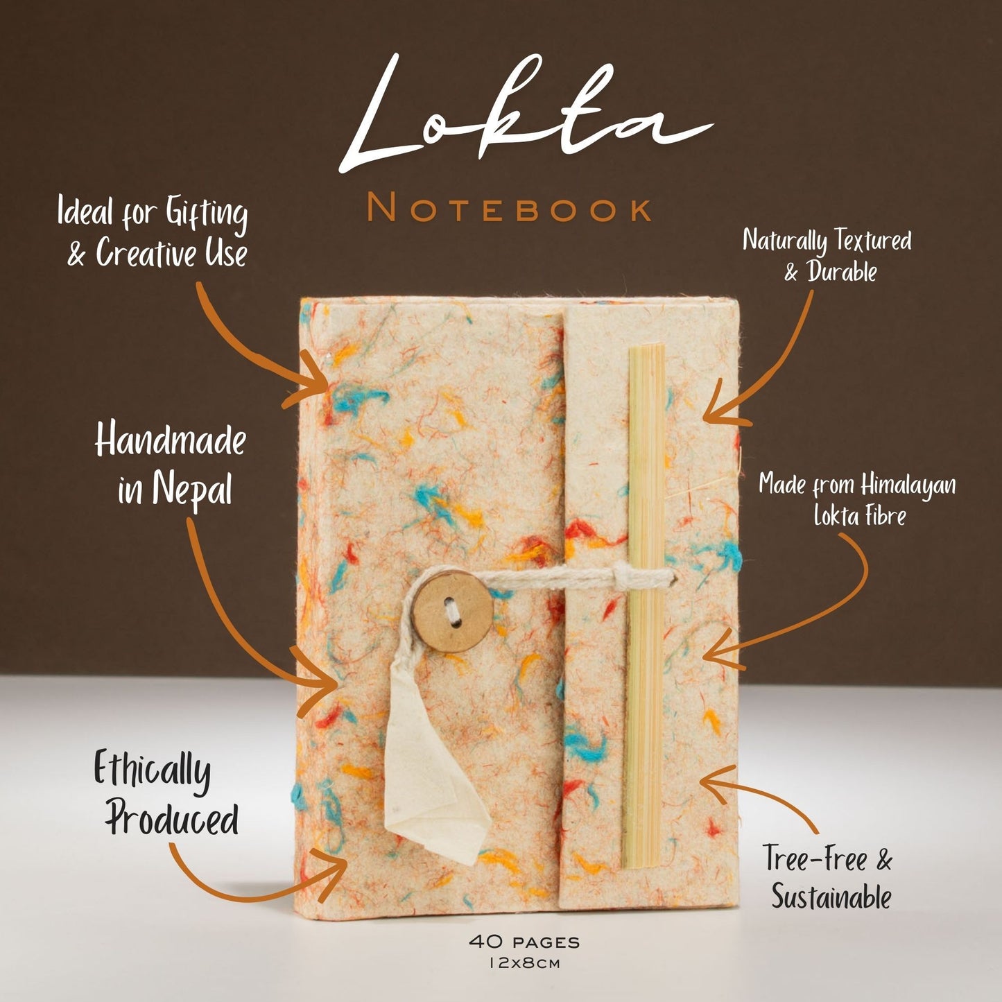 Cuaderno Lokta hecho a mano en Nepal, tamaño 12x8 cm, color natural con toques de azul y naranja, 40 páginas.