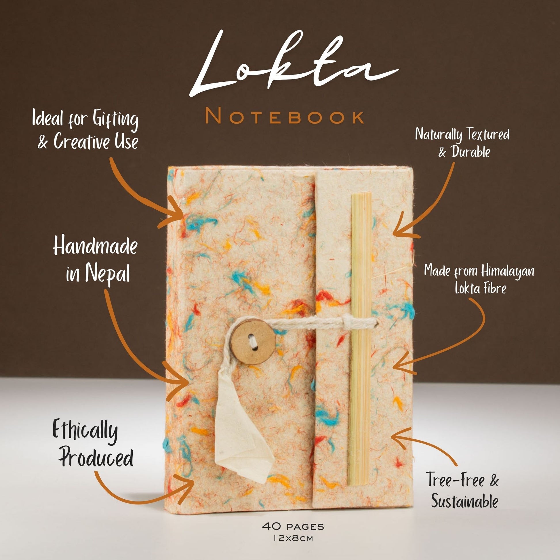 Cuaderno Lokta hecho a mano en Nepal, tamaño 12x8 cm, color natural con toques de azul y naranja, 40 páginas.