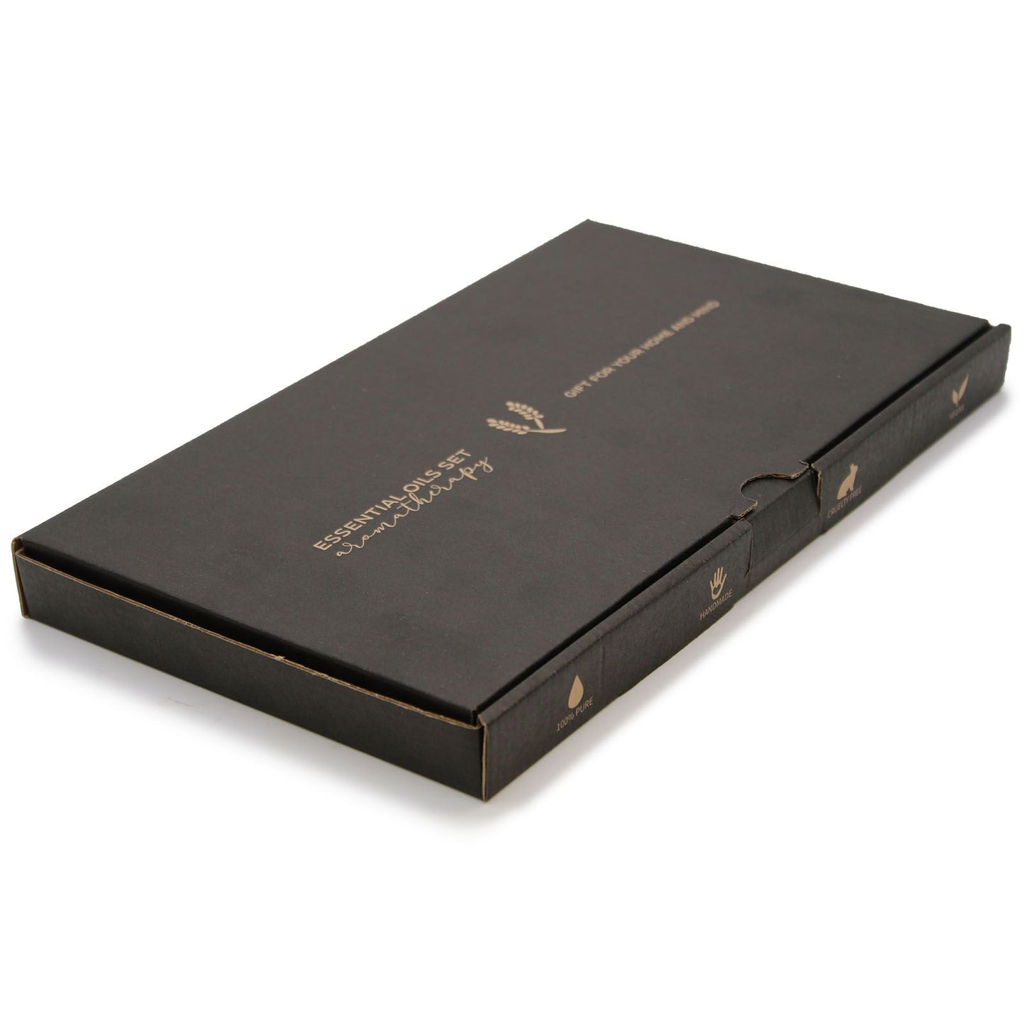Caja negra elegante para kit de aceites esenciales, con detalles dorados y diseño minimalista.