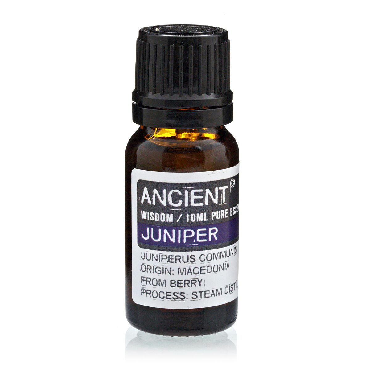 Aceite esencial de enebro, frasco de 10 ml, color ámbar, proceso de destilación al vapor, material puro.
