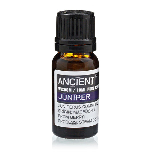 Aceite esencial de enebro, frasco de 10 ml, color ámbar, proceso de destilación al vapor, material puro.