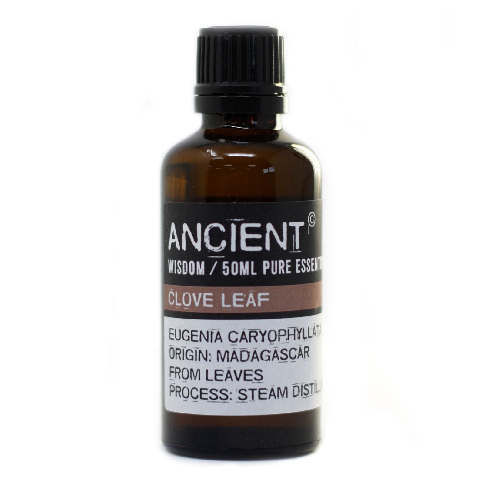 Aceite esencial de hoja de clavo 50ml, color ámbar, botella de vidrio, destilado por vapor, origen Madagascar.