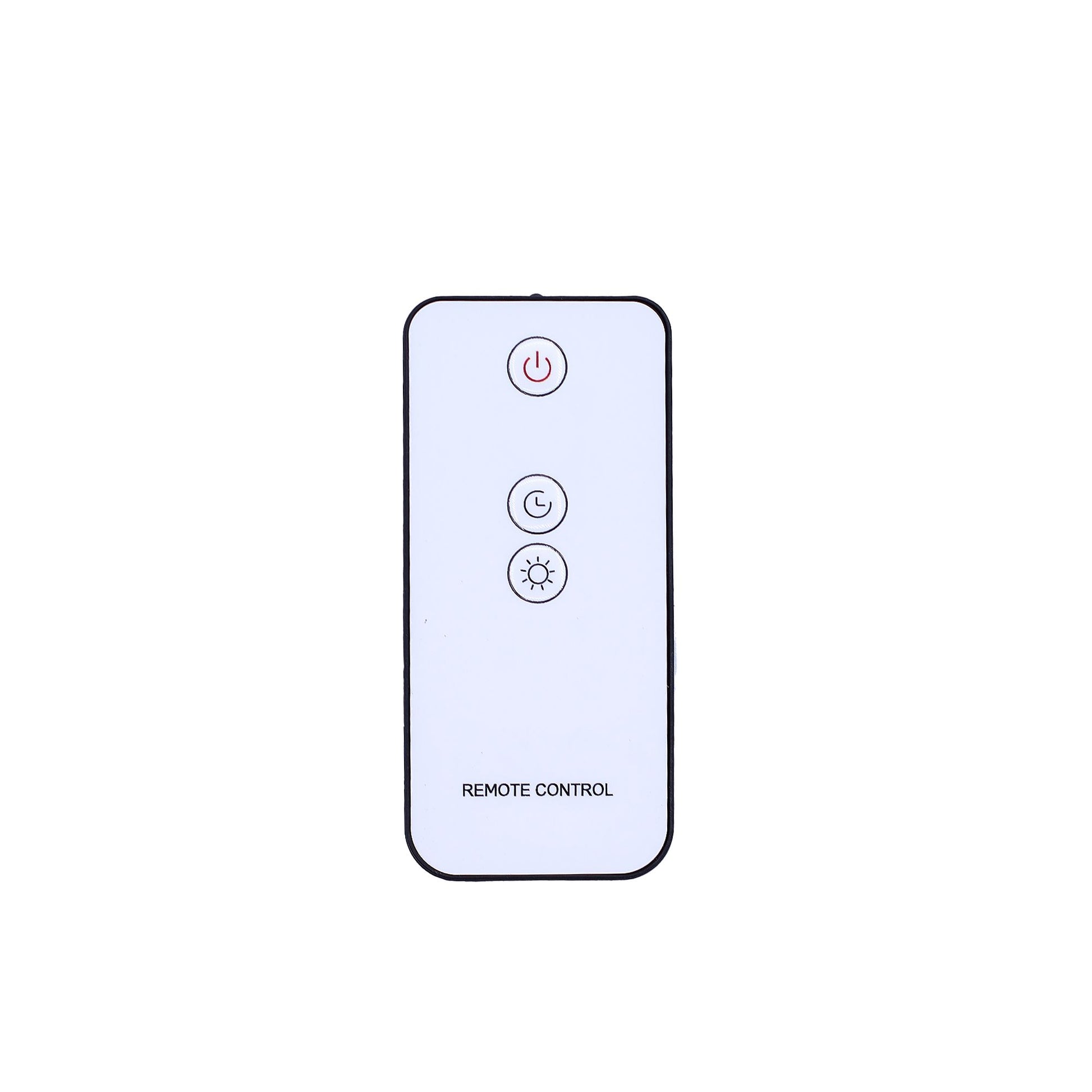 Mando a distancia blanco y rectangular para difusor, con tres botones circulares y el texto "REMOTE CONTROL".