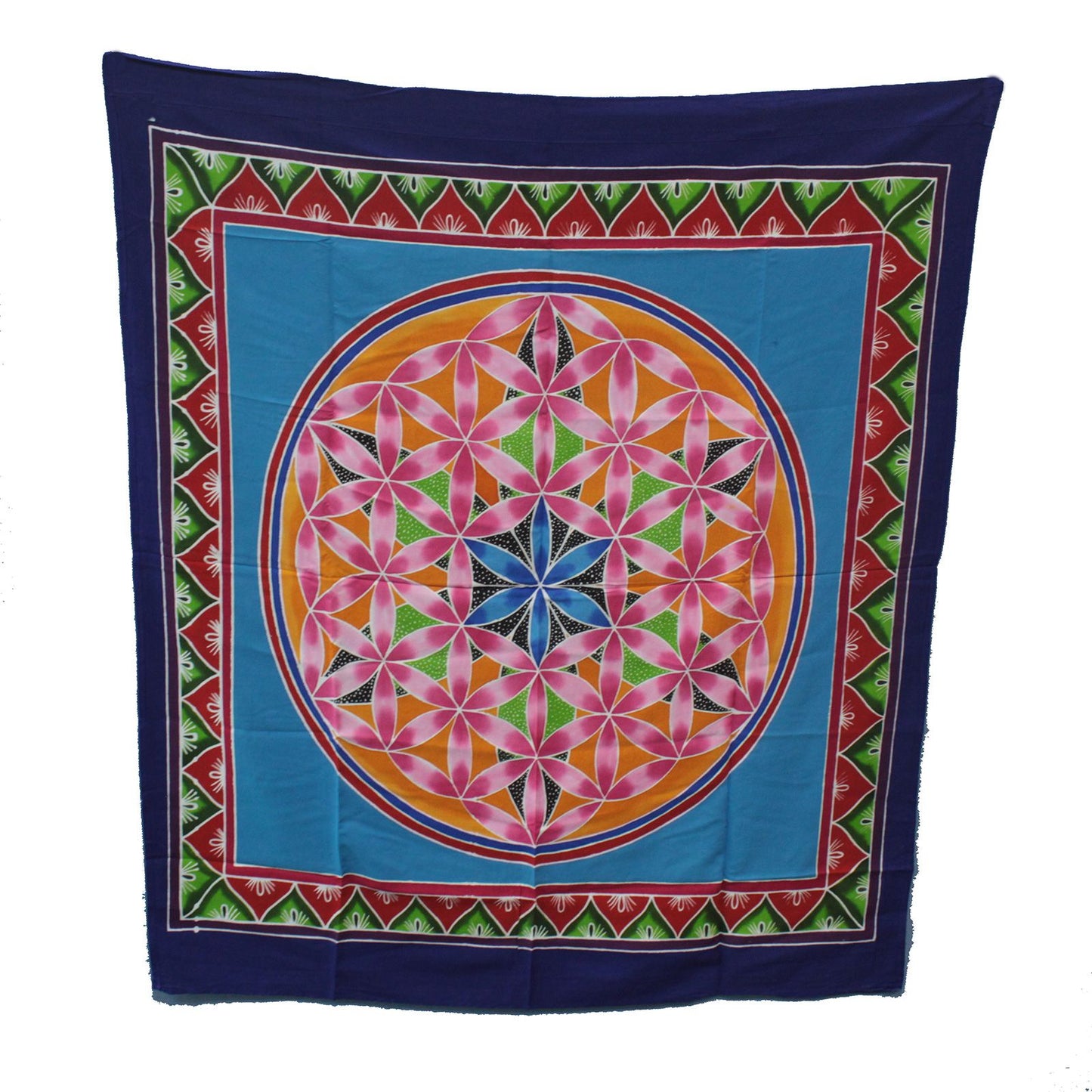 Pañuelo de seda azul con patrón de flores en colores rosa, verde y naranja, bordes detallados en rojo y verde.
