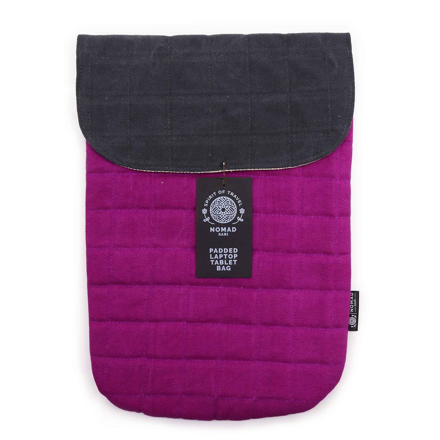 Bolso para laptop acolchado en color fucsia con tapa gris, estilo moderno y material resistente.