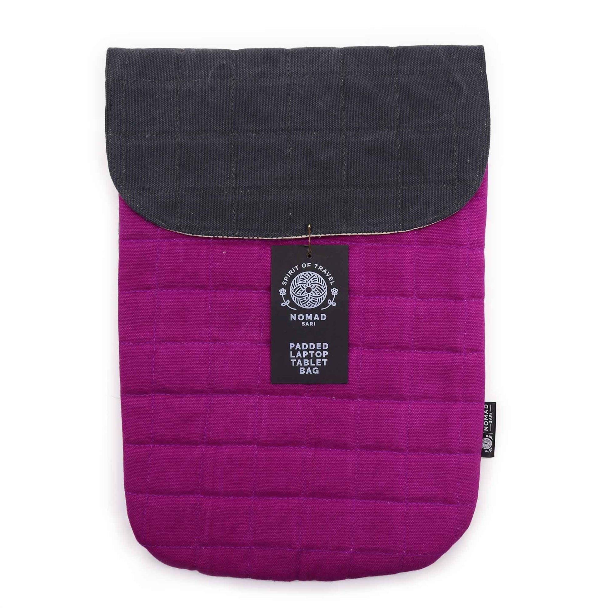 Bolso para laptop acolchado en color fucsia con tapa gris, estilo moderno y material resistente.