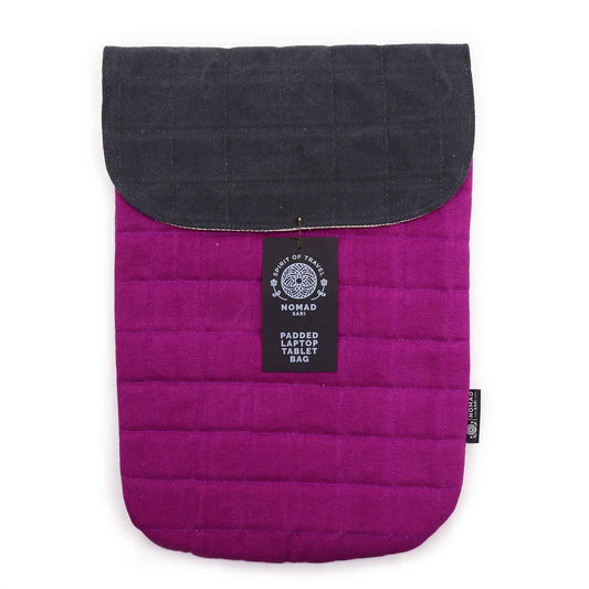 Bolso para laptop acolchado en color fucsia con tapa gris, estilo moderno y material resistente.
