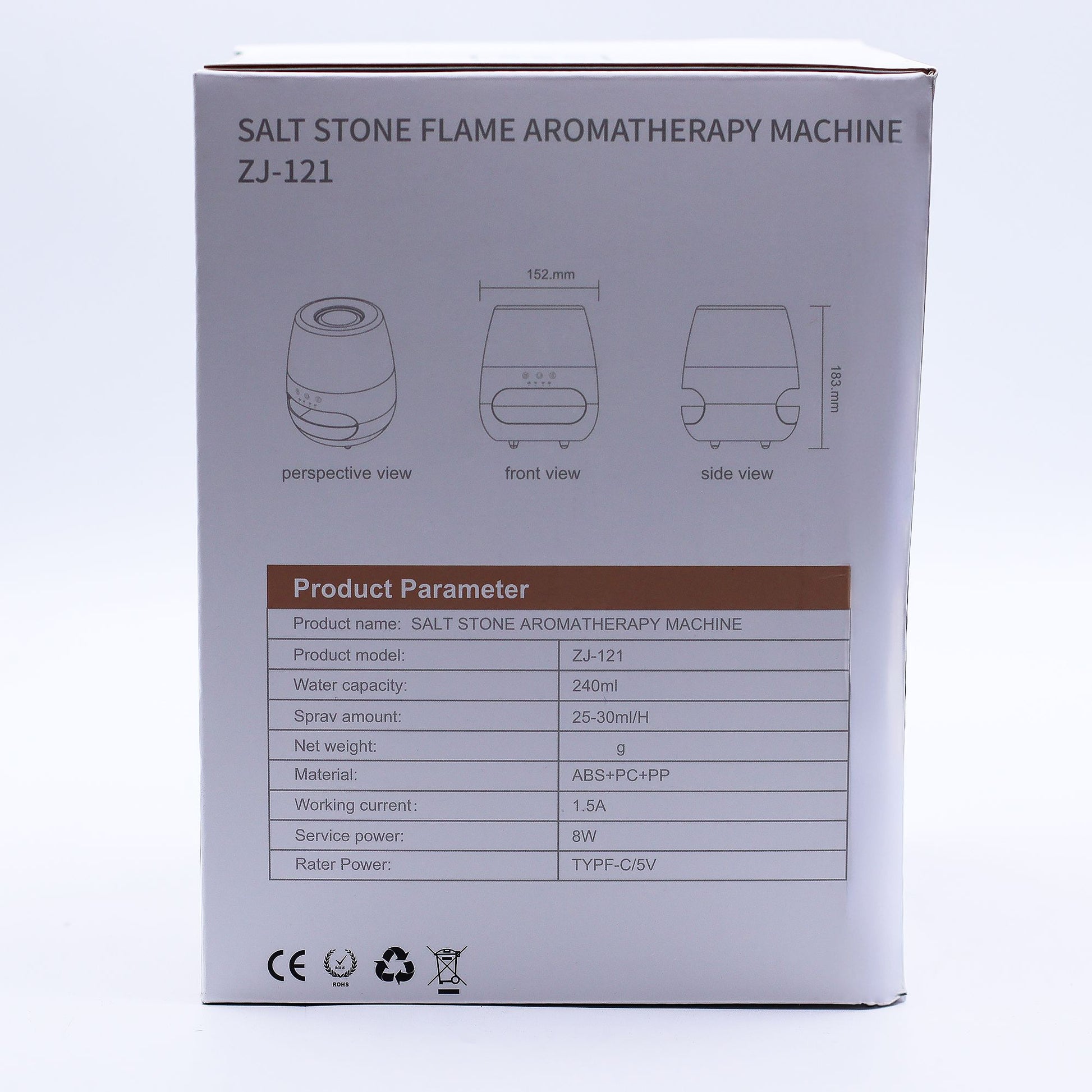 Caja blanca de difusor con esquemas técnicos, medidas y tabla de especificaciones del modelo ZJ-121.
