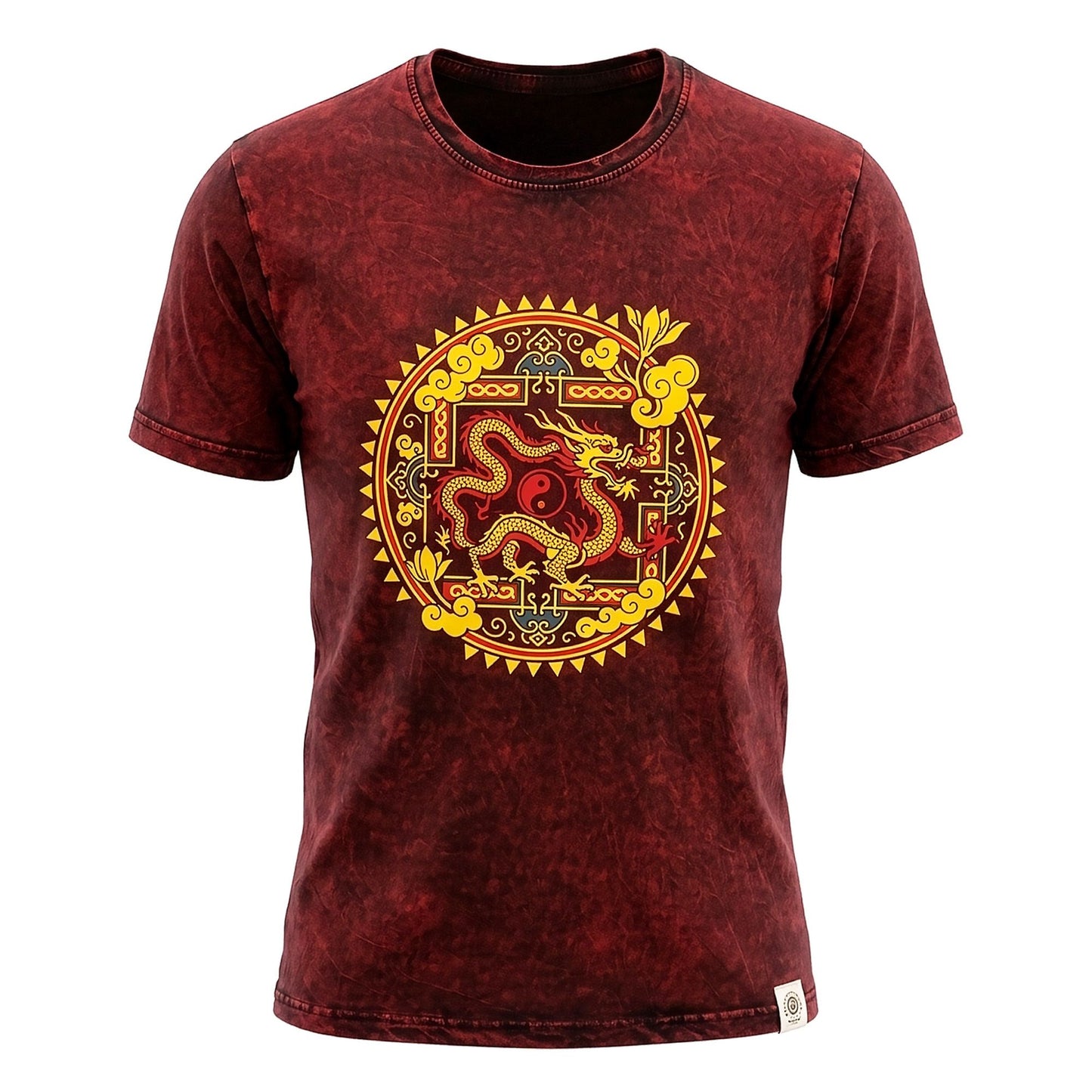 Camiseta algodón lavado piedra mandala dragón granate talla grande