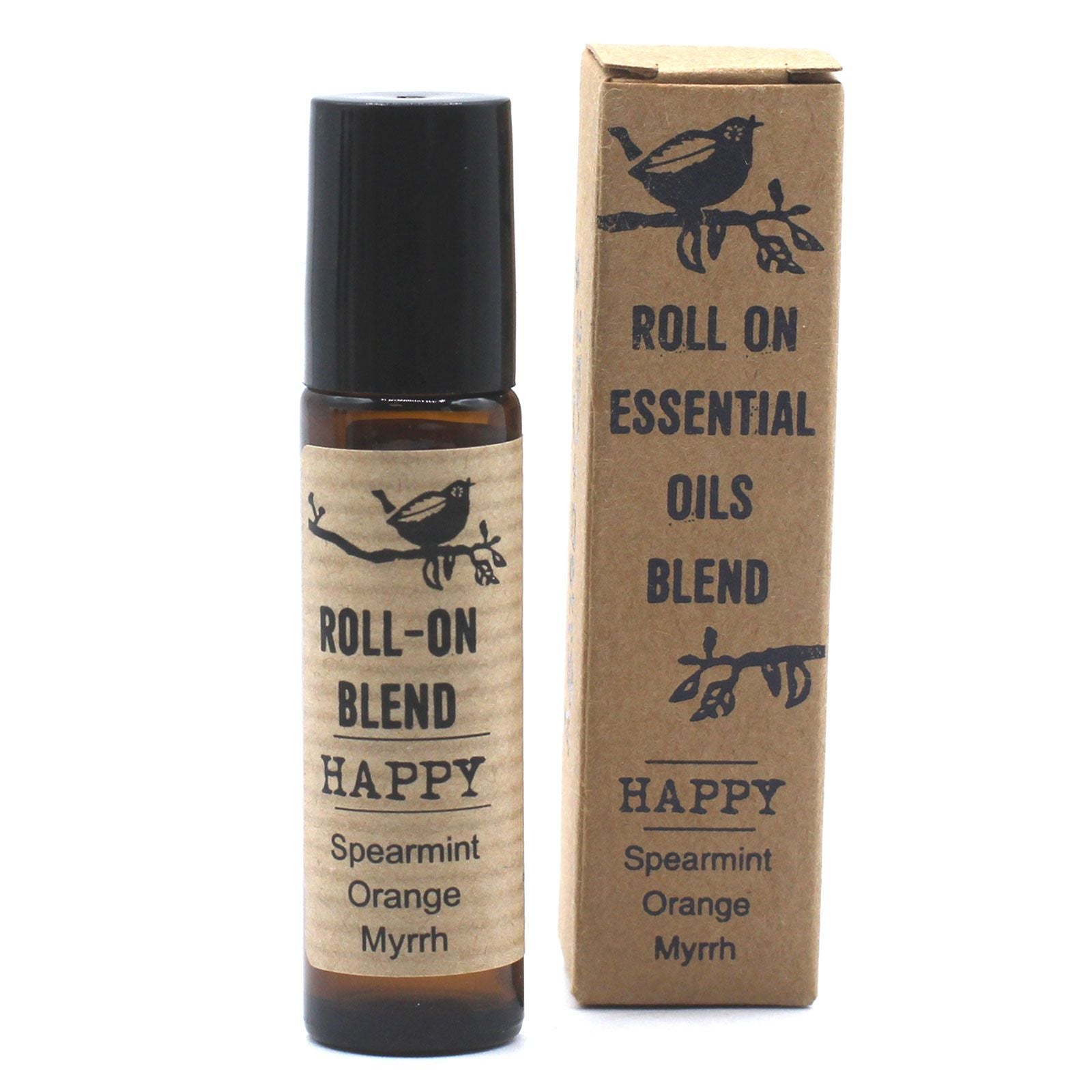 Mezcla de aceites esenciales roll-on "Happy" con aroma a menta, naranja y mirra, en envase de vidrio marrón.