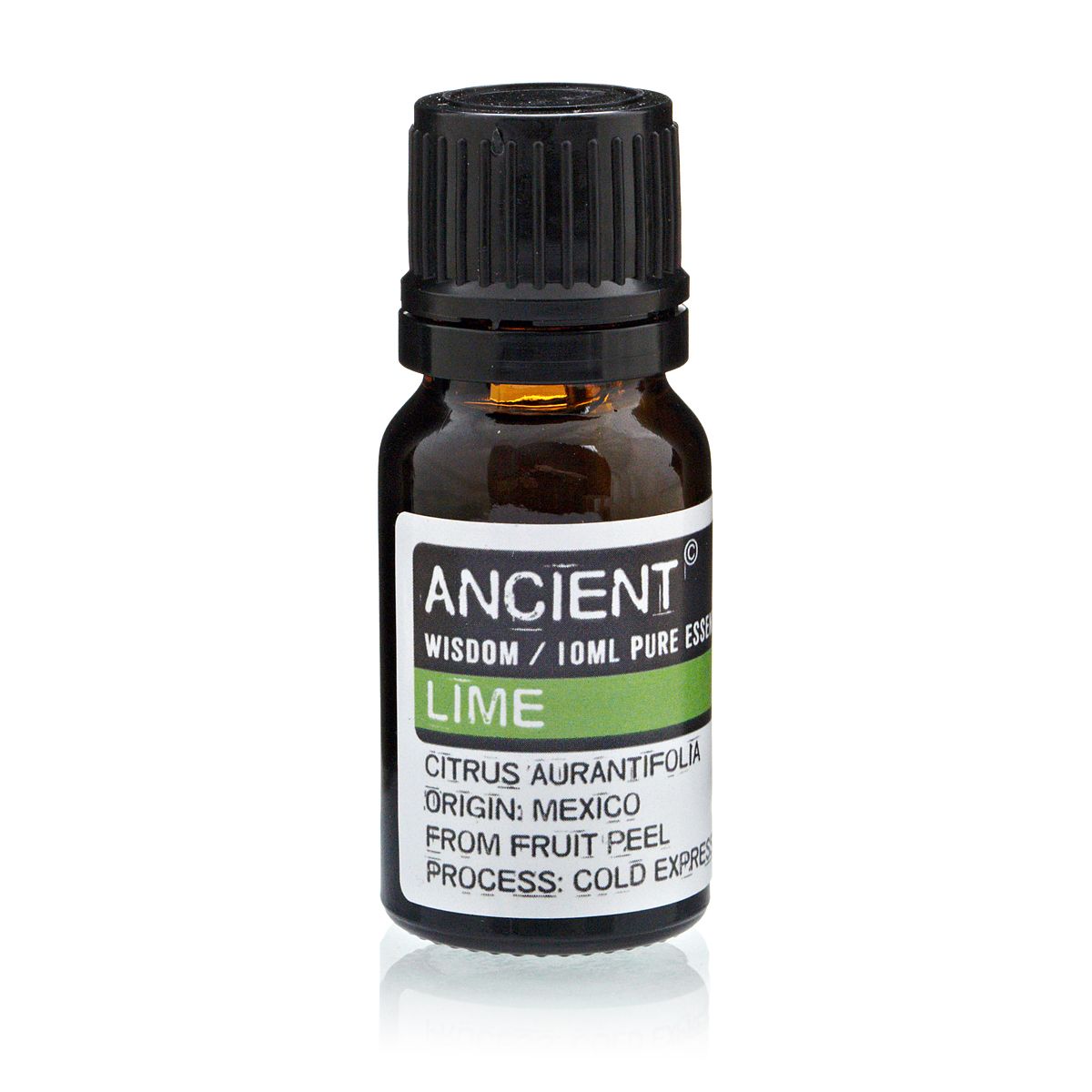 Aceite esencial de lima 10ml, botella ámbar, 100% puro, origen México, extracción en frío, aroma cítrico fresco.