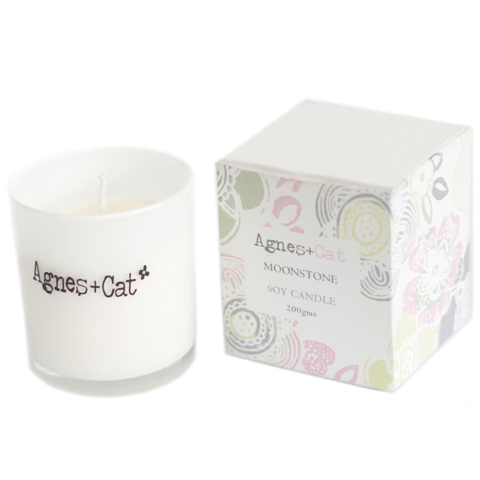 Vela de soja blanca "Moonstone" en envase elegante de Agnes + Cat, 200 g, con diseño floral colorido.