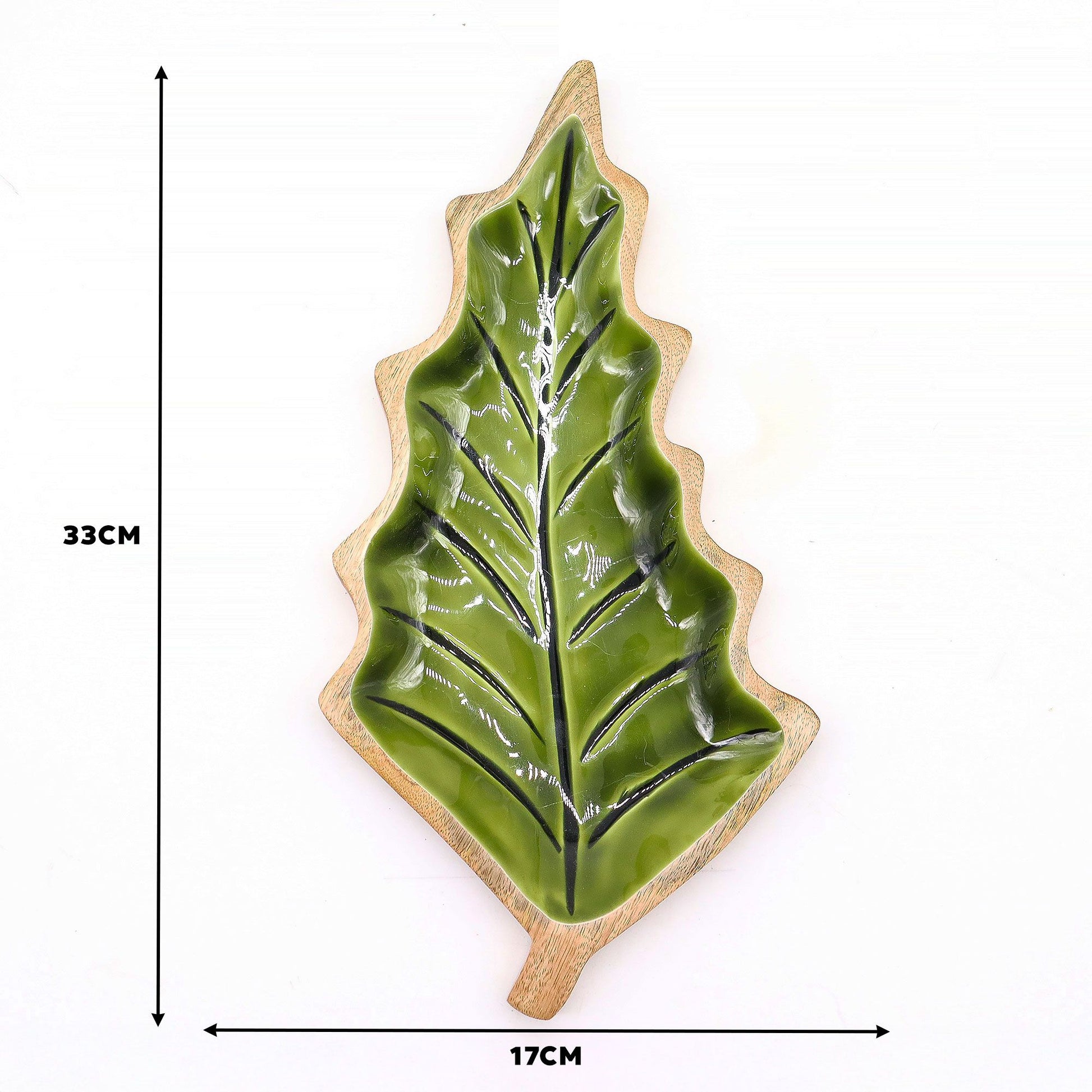 Plato decorativo de cerámica verde en forma de hoja con borde de madera, 33 cm x 17 cm.