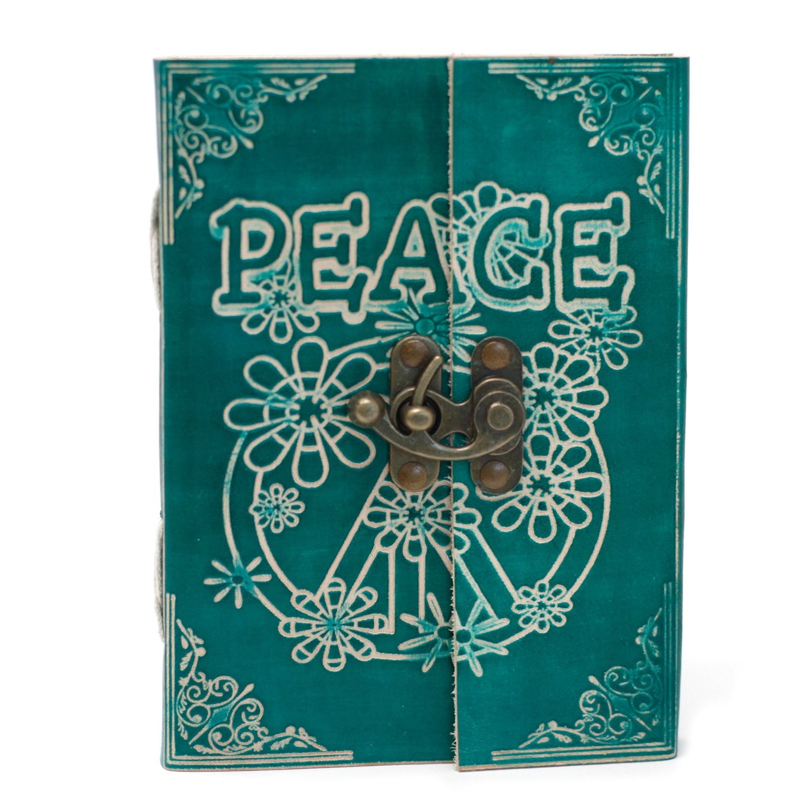 Cuaderno turquesa con diseño en relieve de flores y la palabra "PEACE", cierre de metal. Ideal para escritura creativa.