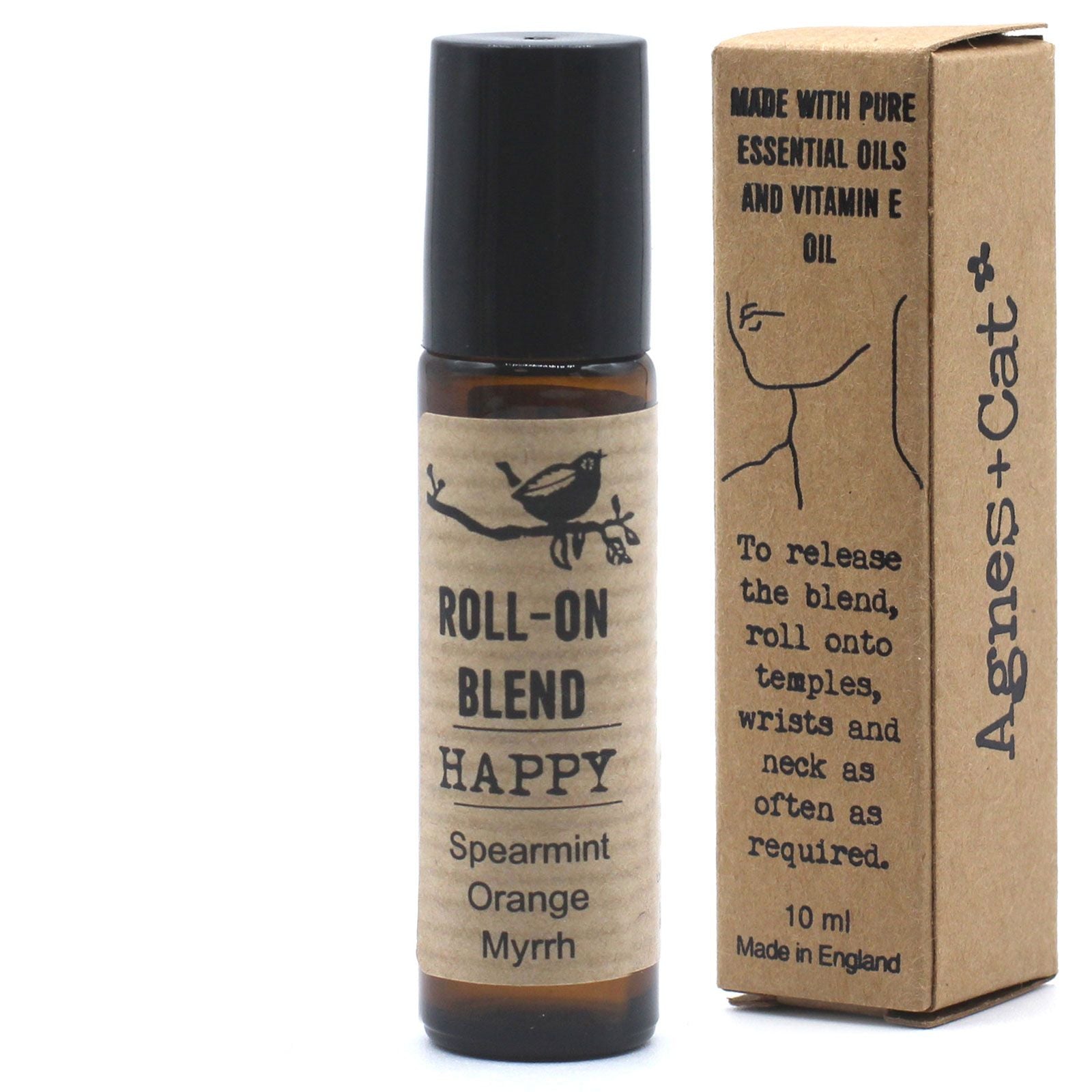 Roll-on aromática "Happy" con aceites esenciales de spearmint, naranja y mirra. Envase de vidrio de 10 ml.