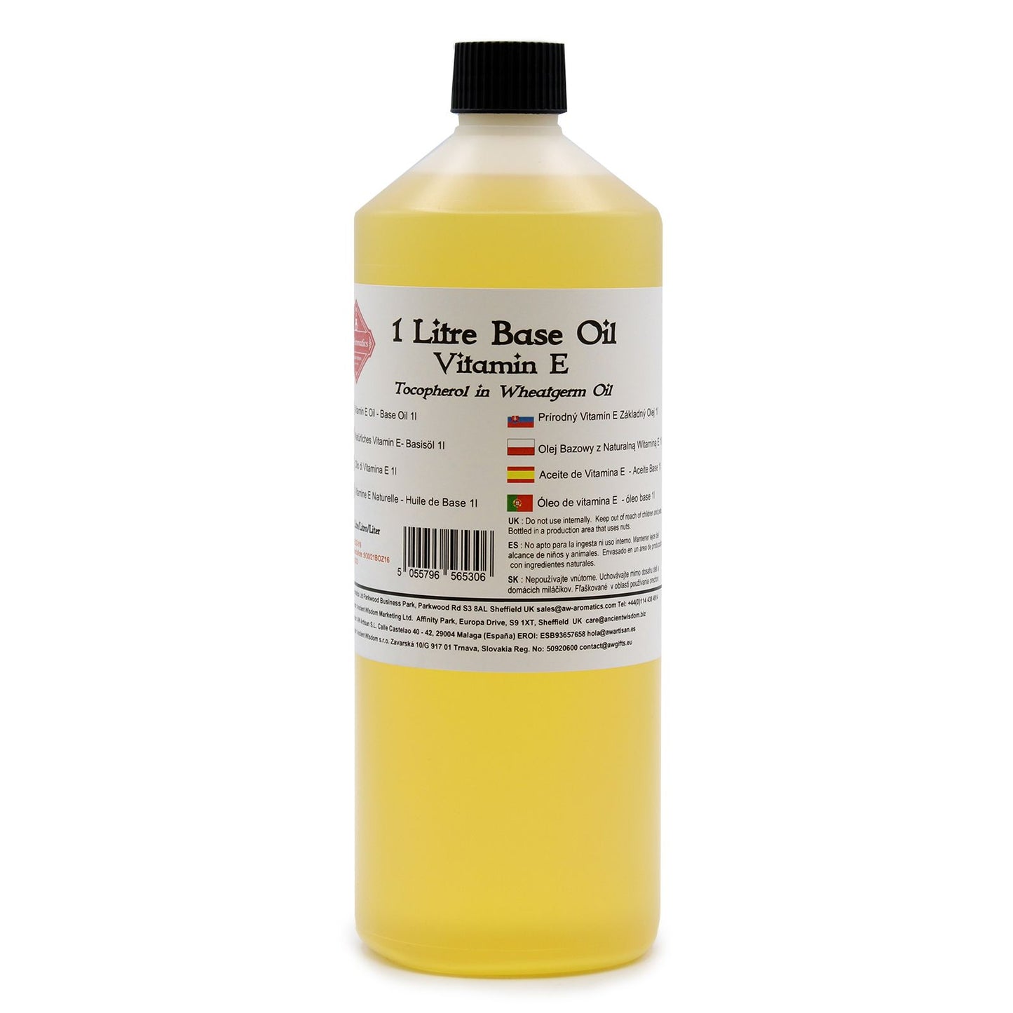 Aceite base de 1 litro con vitamina E, color amarillo, en botella de plástico, ideal para cosmética y masajes.